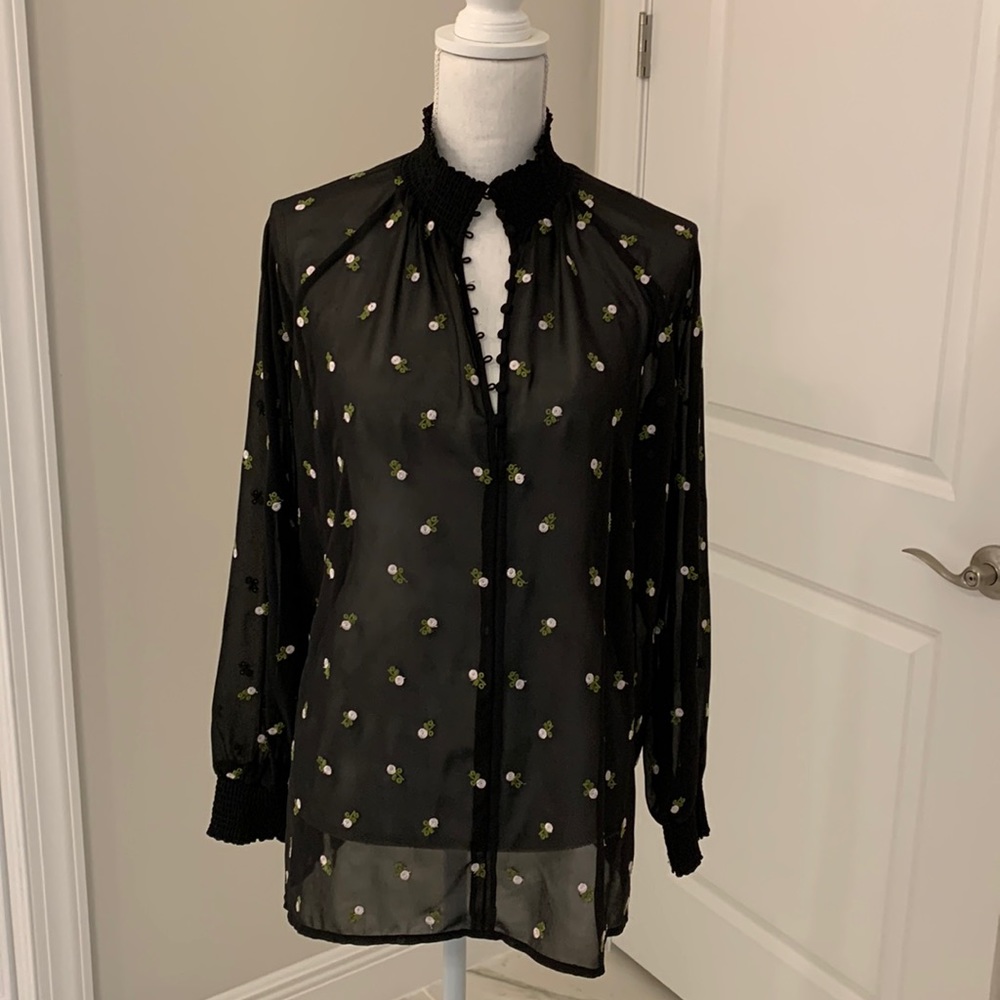 CAbi Allegra black sheer button up embroidered floral blouse #5338 M